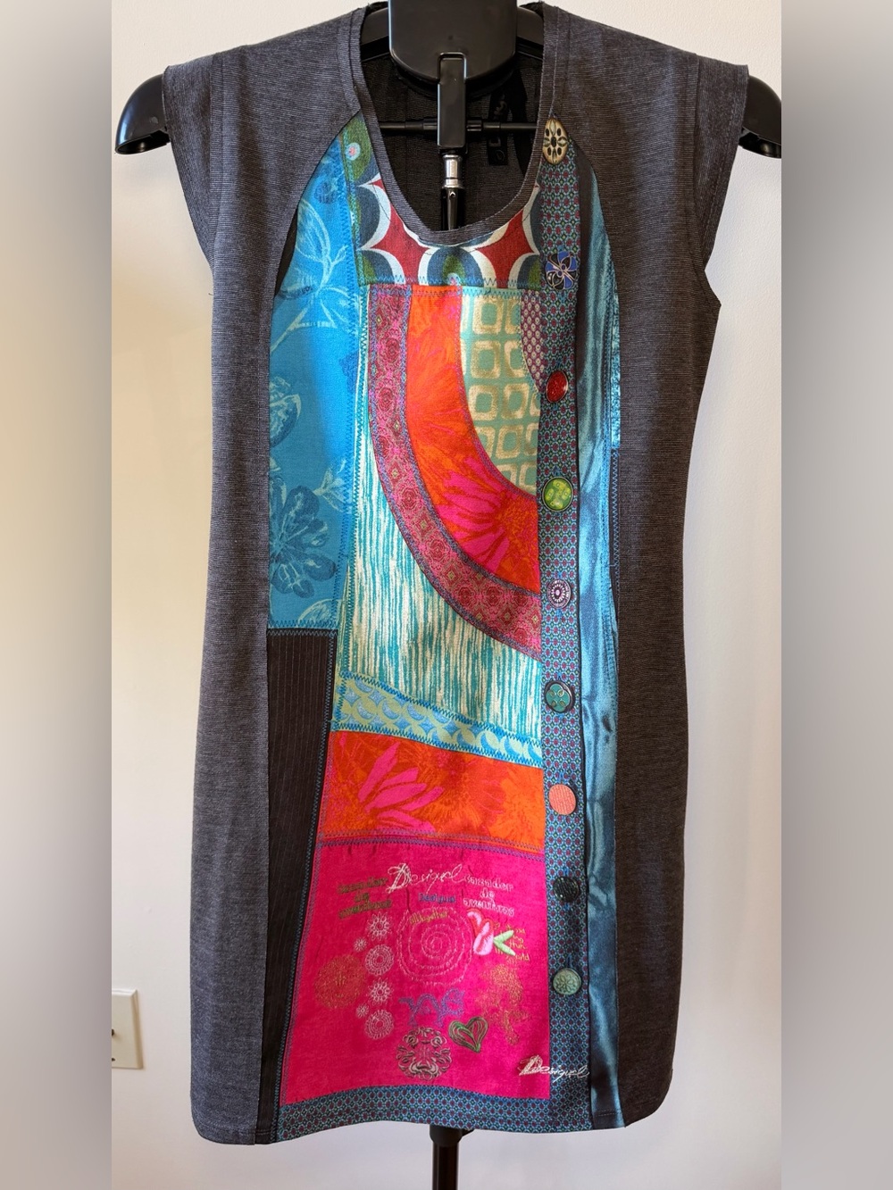 Desigual Gray Midi Dress with Multicolor Patchwork Front